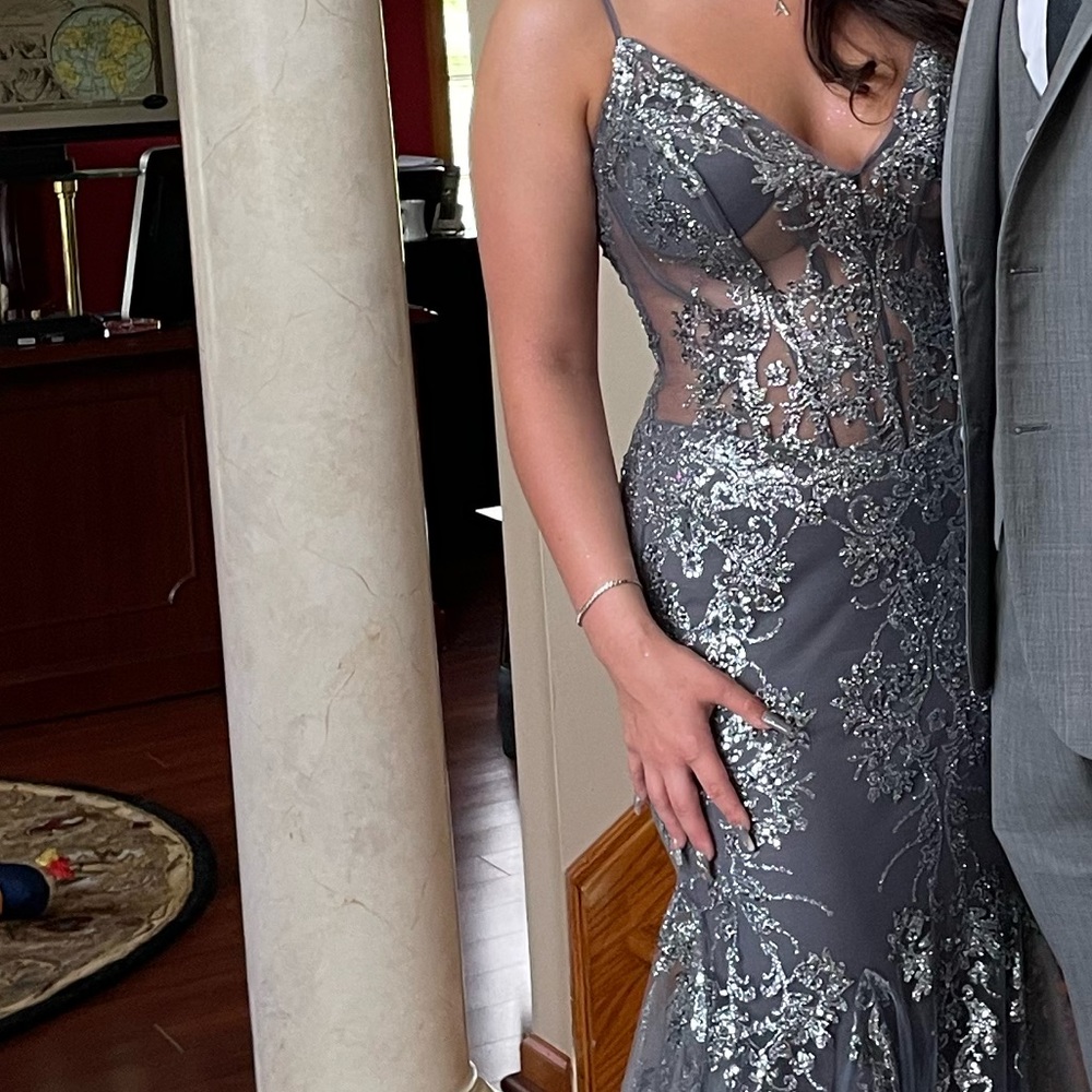 *UNALTERED* gray/silver corset mermaid train prom dress
